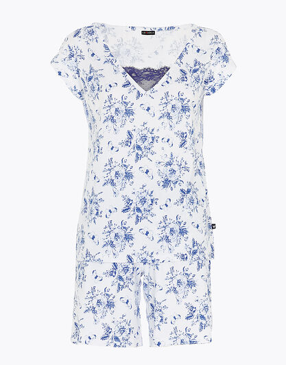 Pigiama corto scollo a V in jersey, bianco con stampa blu, , LOVABLE