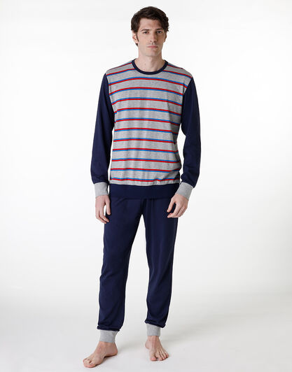 Pigiama lungo girocollo in jersey di cotone, grigio melange rigato, , LOVABLE