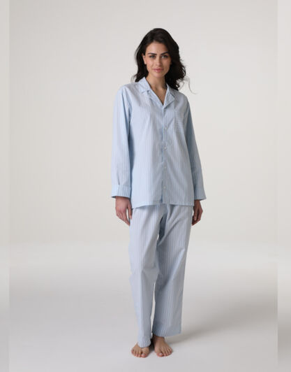 Pigiama lungo aperto unisex in tela di cotone, azzurro a righe, , LOVABLE