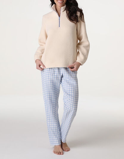 Homewear Chiuso con mezza Zip in Flanella e Pelliccetta, bianco, , LOVABLE