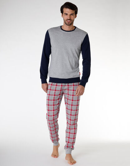 Pigiama uomo lungo in cotone interlock, grigio melange, , LOVABLE