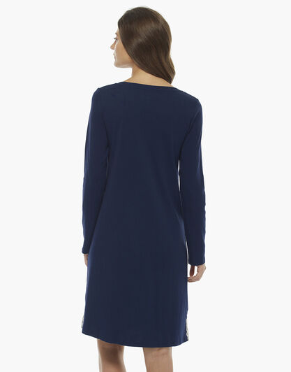 Camicia da notte manica lunga, blu, in cotone con inserti in pizzo , , LOVABLE