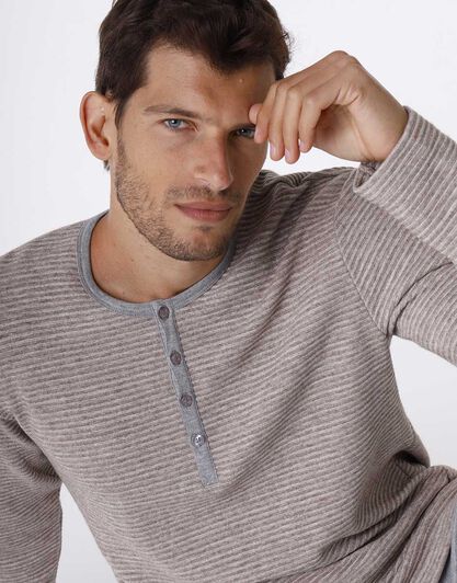 Pigiama lungo in interlock, corda scuro e grigio, , LOVABLE