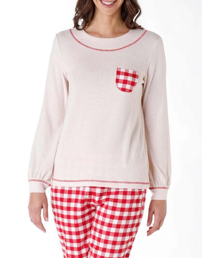 Pigiama lungo donna in cotone interlock, avorio e stampa a quadretti, , LOVABLE