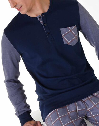 Pigiama uomo lungo in cotone interlock, blu navy e melange, , LOVABLE