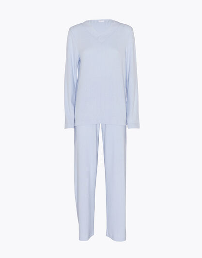 Pigiama donna lungo in costina garzata, azzurro, , LOVABLE