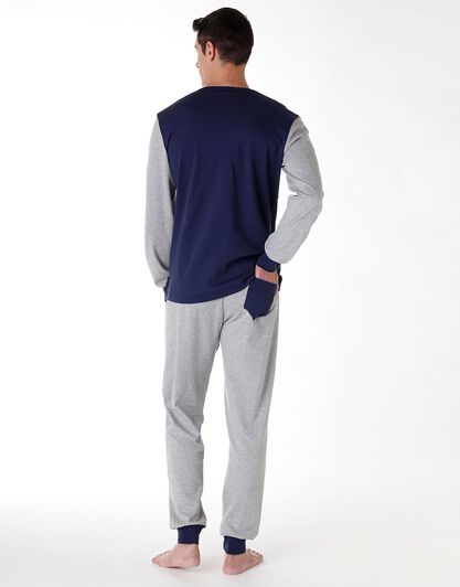 Pigiama uomo lungo in cotone interlock, blu navy con stampa, , LOVABLE