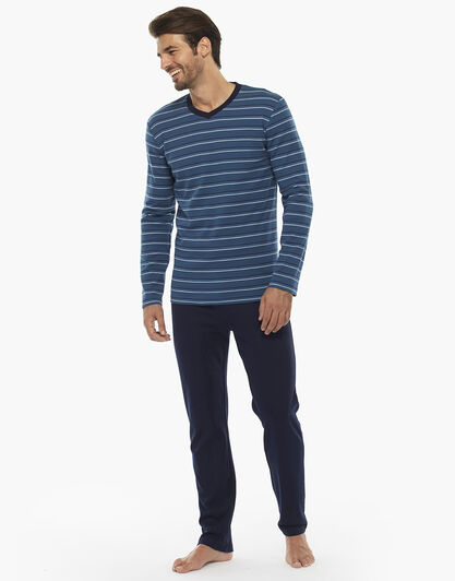 Pigiama manica lunga e gamba lunga, righe blu notte, in interlock di cotone, , LOVABLE