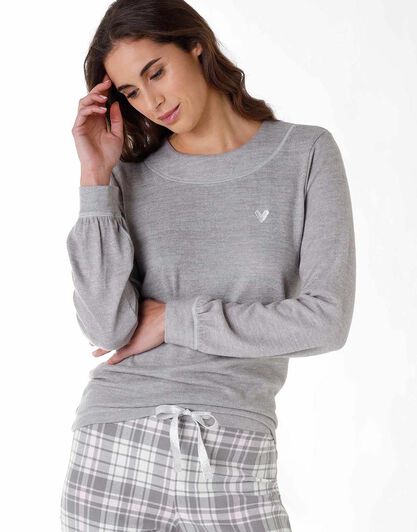 Pigiama lungo donna in tessuto caldo e flanella, grigio melange, , LOVABLE