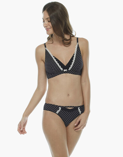 Slip stampa pois, in cotone elasticizzato con motivo in tulle doppiato nel centro e balzina di pizzo, , LOVABLE