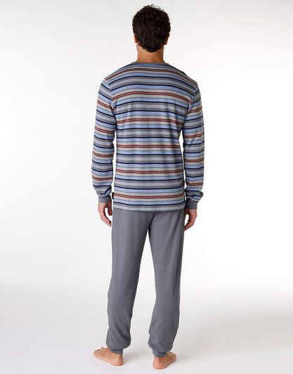 Pigiama uomo lungo in 100% cotone interlock, a righe multicolore, , LOVABLE