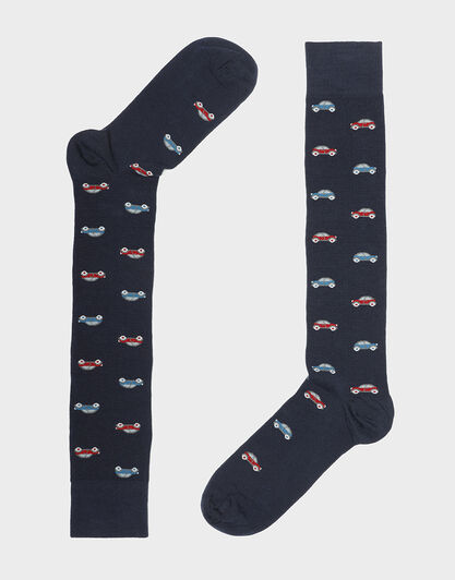 Calze lunghe uomo blu navy in cotone, con stampa di automobili, , LOVABLE