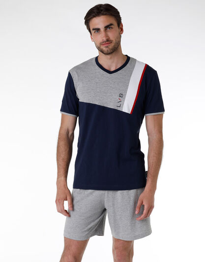 Pigiama corto uomo in jersey di cotone, grigio melange e blu navy, , LOVABLE