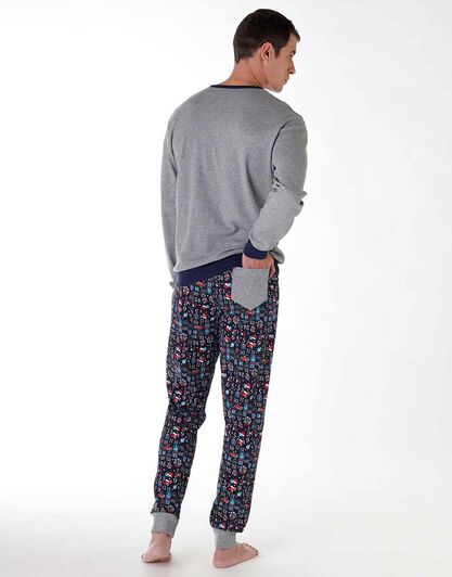 Pigiama lungo uomo in cotone interlock, grigio melange con stampa, , LOVABLE