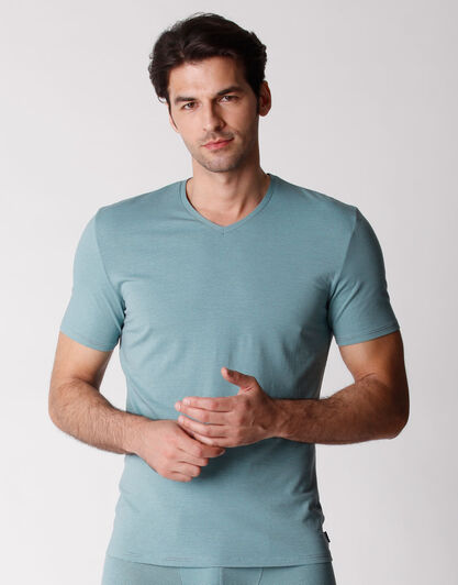 T-shirt uomo con scollo a V in cotone supima, righe verdi e grigio , , LOVABLE