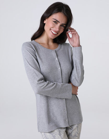 Pigiama Lungo Aperto in Interlock, grigio melange, , LOVABLE