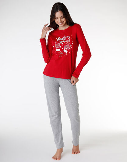Pigiama donna lungo in jersey di cotone, rosso, , LOVABLE