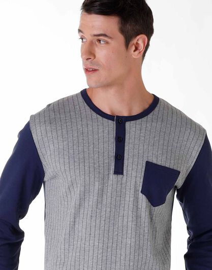 Pigiama lungo uomo in cotone interlock, grigio e blu con righe, , LOVABLE