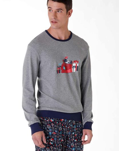 Pigiama lungo uomo in cotone interlock, grigio melange con stampa, , LOVABLE