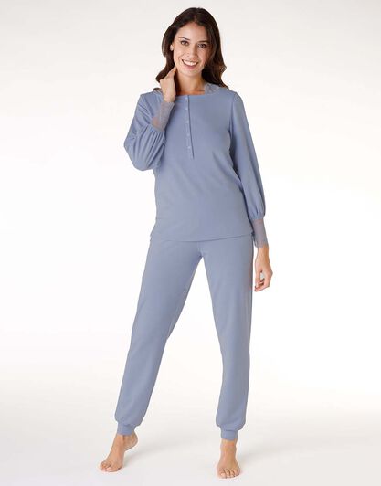 Pigiama lungo donna in tessuto caldo, blu polvere, , LOVABLE