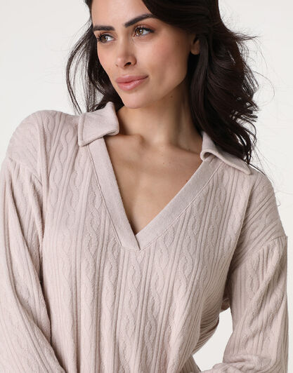 Pigiama Lungo scollo a V in maglia, panna rosato, , LOVABLE