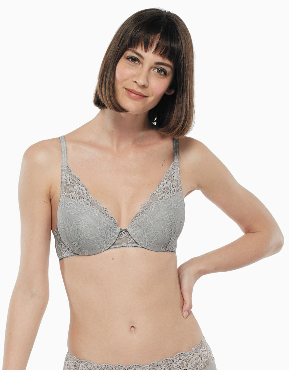 Reggiseno imbottito in pizzo e microfibra grigio chiaro