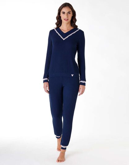 Pigiama lungo donna in tessuto caldo, blu, , LOVABLE