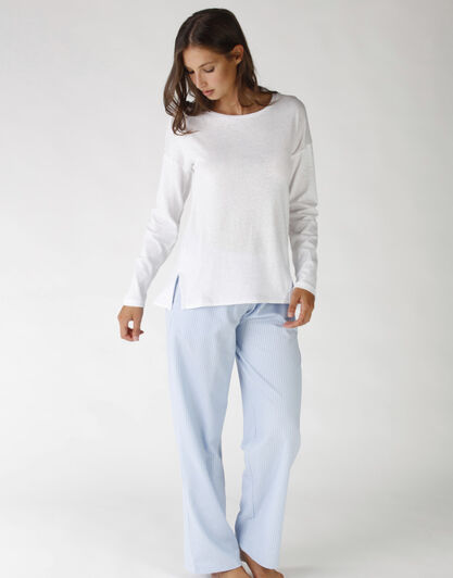 Pantaloni lunghi in operato maglia cotone e sorona, colore lightblue e white, , LOVABLE