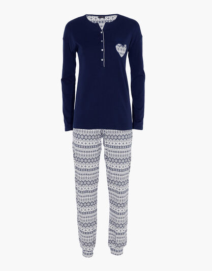 Pigiama donna lungo in 100% cotone interlock, blu, , LOVABLE