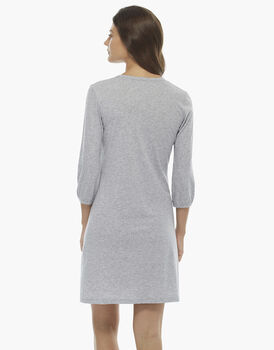 Camicia da notte manica a tre quarti grigio melange, in cotone, con elastico sul fondo manica, , LOVABLE