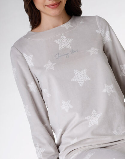 Pigiama donna lungo in micropile, grigio chiaro con stampa, , LOVABLE