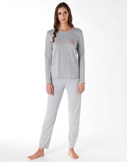 Pigiama lungo donna in jersey di cotone, grigio melange, , LOVABLE