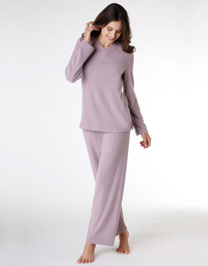 Pigiama donna lungo in costina garzata, grigio lillato, , LOVABLE