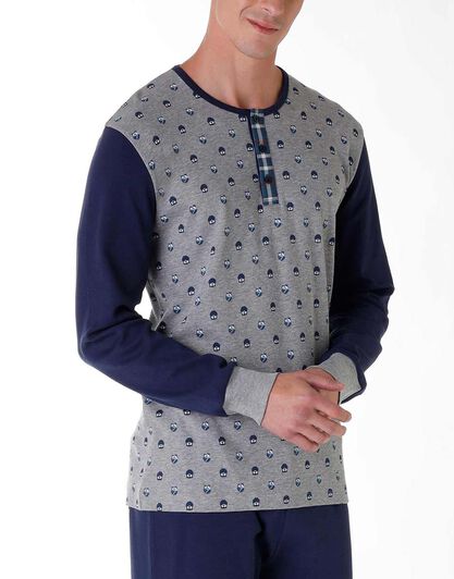Pigiama lungo uomo in cotone interlock, grigio con stampa, , LOVABLE