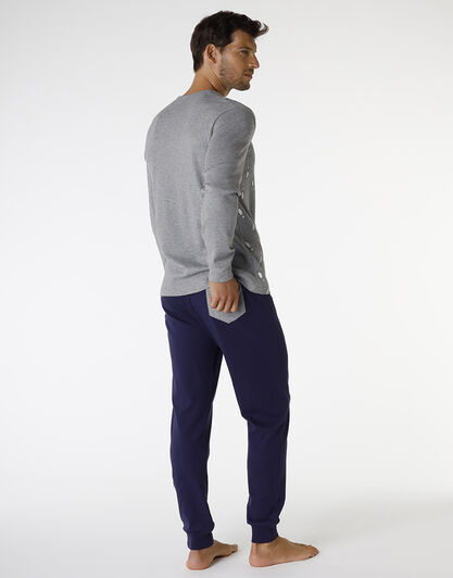 Pigiama lungo in cotone, grigio melange scuro stampa bowling, , LOVABLE