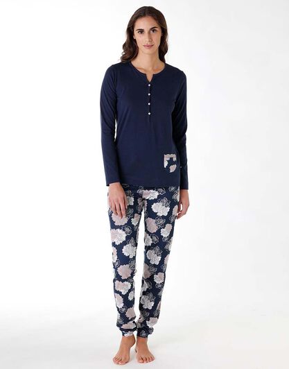 Pigiama lungo donna in 100% jersey di cotone, blu, , LOVABLE