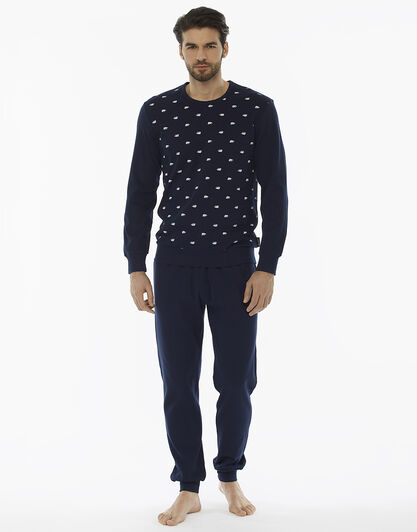 Pigiama manica e gamba lunga blu stampato in 100% cotone , , LOVABLE