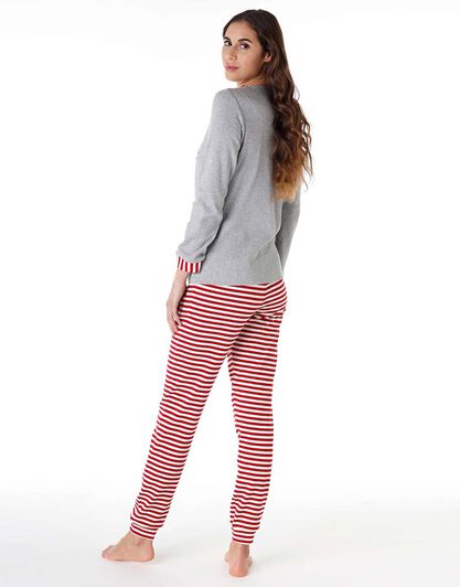 Pigiama lungo donna in cotone interlock, grigio melange e rosso, , LOVABLE
