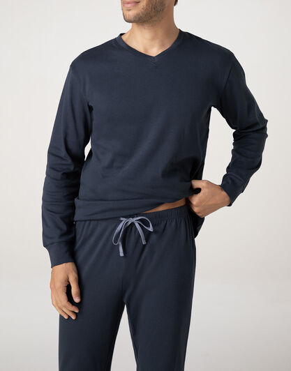 Pigiama Lungo Scollo a V in Interlock, blu notte, , LOVABLE