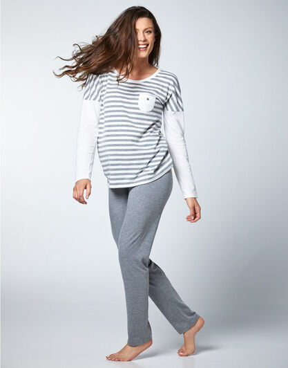 Pigiama in cotone e tela di viscosa, righe grigio melange, , LOVABLE