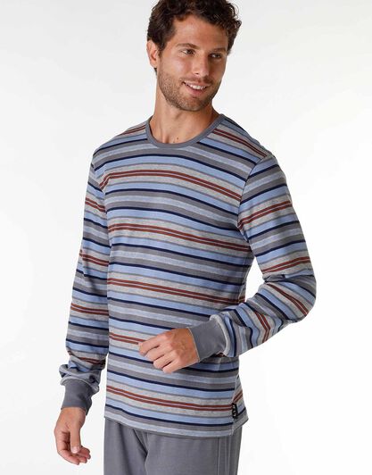 Pigiama uomo lungo in 100% cotone interlock, a righe multicolore, , LOVABLE