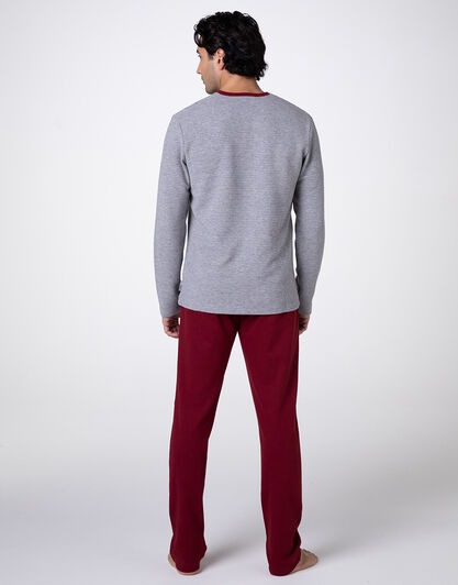 Pigiama Lungo Collo Serafino Warm Fabric e Interlock, grigio melange e bordeaux, , LOVABLE