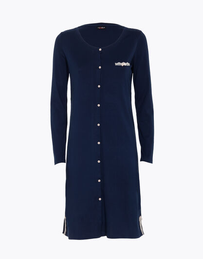 Camicia da notte manica lunga, blu, in cotone con inserti in pizzo , , LOVABLE