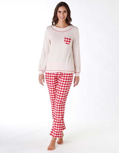 Pigiama lungo donna in cotone interlock, avorio e stampa a quadretti, , LOVABLE