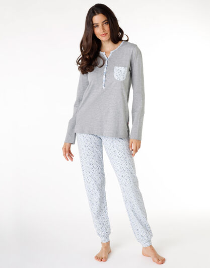 Pigiama lungo donna in jersey di cotone, grigio melange, , LOVABLE