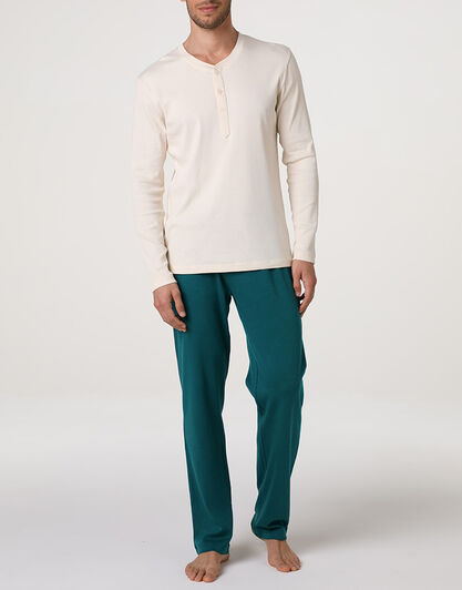 Pigiama Lungo Collo Serafino in Jersey Rib e Interlock, avorio,  Pigiama Lungo Collo Serafino in Jersey Rib e Interlock, avorio, , LOVABLE