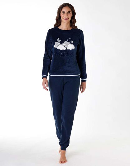 Pigiama lungo donna in pile, blu con stampa, , LOVABLE