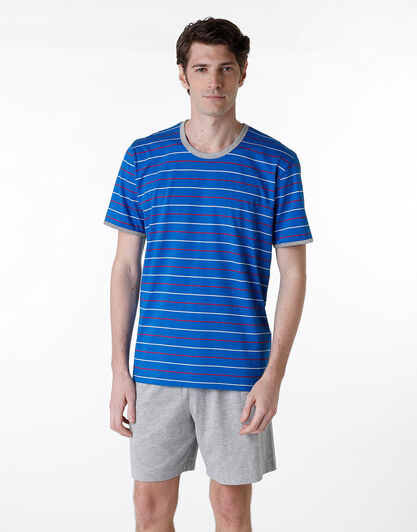 Pigiama corto girocollo in jersey, rigato blu brillante, , LOVABLE