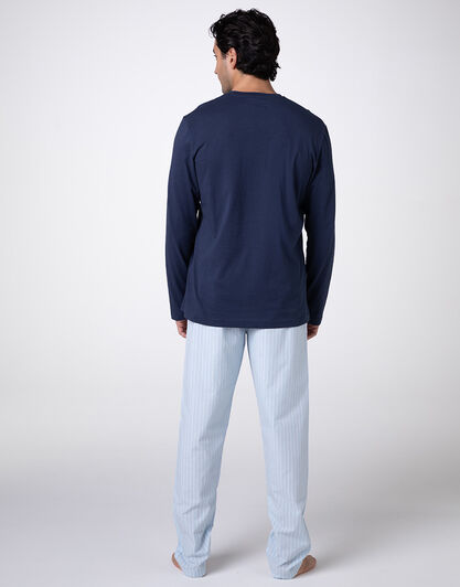 Pigiama lungo girocollo jersey e tela, blu navy, , LOVABLE