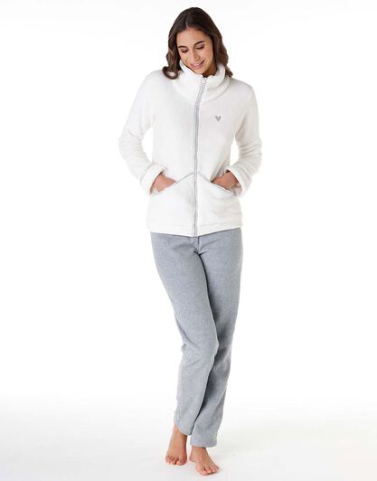 Homewear donna lungo in pile, avorio e grigio melange, , LOVABLE
